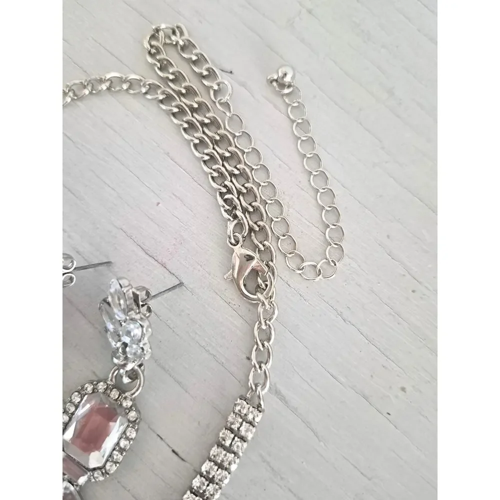 Long Rhinestone Bib Necklace with Earrings Set